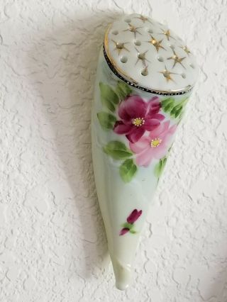 Vintage Porcelain Hand Painted Hatpin Holder Hanging or Flat Cornicopia 4