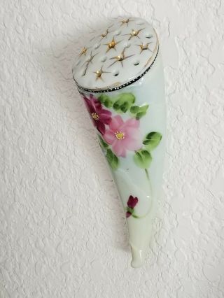 Vintage Porcelain Hand Painted Hatpin Holder Hanging or Flat Cornicopia 5