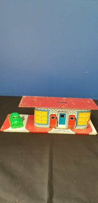 Vintage 1940s Tin Toy Still Bank Service Station Made In Usa