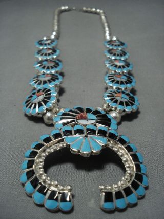 Intricate Vintage Zuni Turquoise Sterling Silver Squash Blossom Necklace