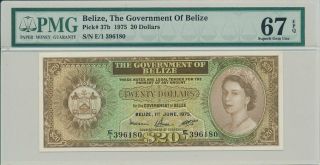 The Governemnt Of Belize Belize $20 1975 Rare Pmg 67epq