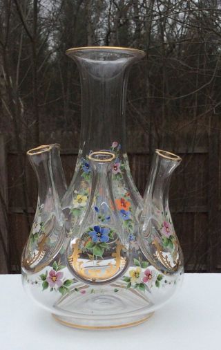 Rare Moser Czech Bohemian Art Glass Hand Painted 7 Prong Vase