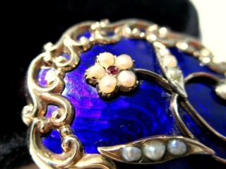 EXQUISITE Early VICTORIAN GF Seed Pearl Blue Enamel MOURNING Hair Locket BROOCH 2
