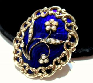 EXQUISITE Early VICTORIAN GF Seed Pearl Blue Enamel MOURNING Hair Locket BROOCH 3