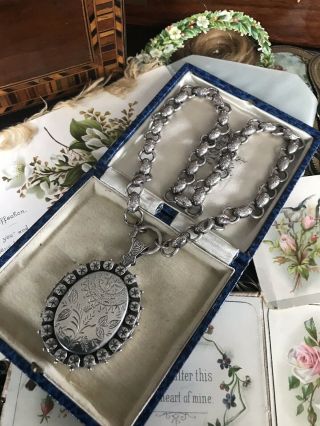 Antique Victorian Sterling Silver Book Chain Collar Locket Pendant Necklace