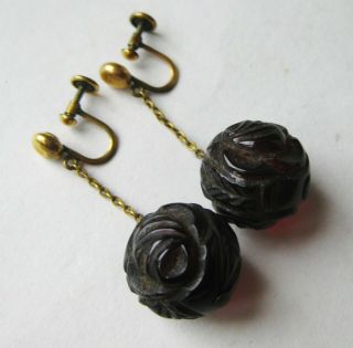 Fine Old Chinese Carved Red Cherry Amber Drop Dangle Gold Filled Earrings