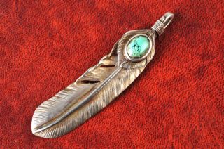 Vintage Goro’s 925 Silver Xl Extra Large Size Turquoise Feather Pendant