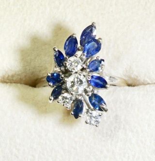 Vintage 14k White Gold Sapphires & Diamonds Cocktail Ring Size 6