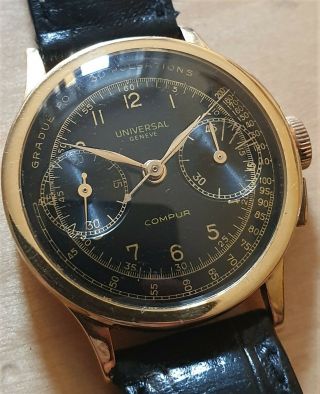 Vintage Universal Geneve Compur calatrava chronograph black gilt dial 18ct 40 ' s 10