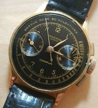 Vintage Universal Geneve Compur calatrava chronograph black gilt dial 18ct 40 ' s 12