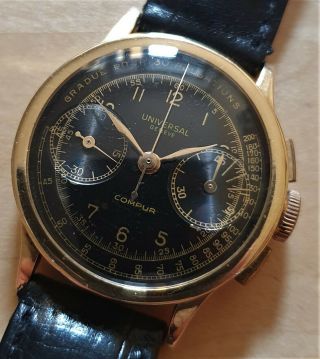 Vintage Universal Geneve Compur Calatrava Chronograph Black Gilt Dial 18ct 40 