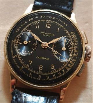Vintage Universal Geneve Compur calatrava chronograph black gilt dial 18ct 40 ' s 6