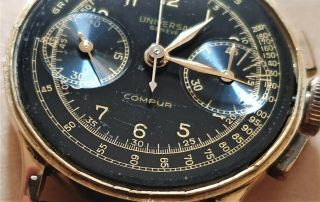 Vintage Universal Geneve Compur calatrava chronograph black gilt dial 18ct 40 ' s 7