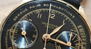 Vintage Universal Geneve Compur calatrava chronograph black gilt dial 18ct 40 ' s 8