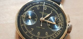 Vintage Universal Geneve Compur calatrava chronograph black gilt dial 18ct 40 ' s 9