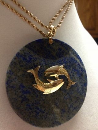 Large Unusual Vintage Lapis Lazuli 14k Gold Pisces Fish Pendant 14k Chain 23in