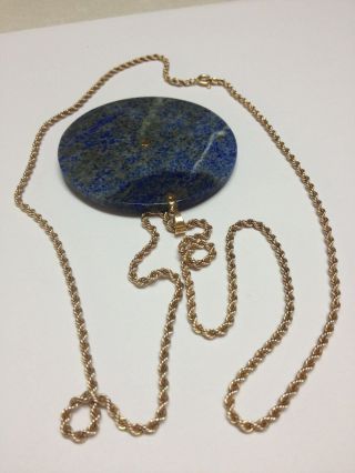 LARGE UNUSUAL VINTAGE LAPIS LAZULI 14K GOLD PISCES FISH PENDANT 14K CHAIN 23in 7