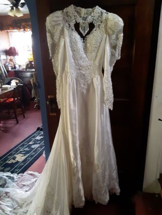 Vintage Alfred Angelo Satin Edwardian Long Sleeve Wedding Dress S/m