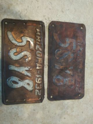 Vintage License Plate Arizona 1932 Matched Pair Copper Awesome Plates See Photos