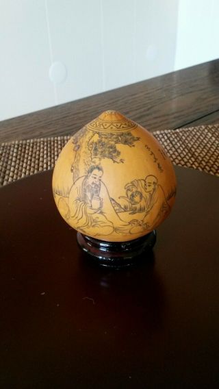 Vintage Chinese Etched Gourd With Stand Fine Etching