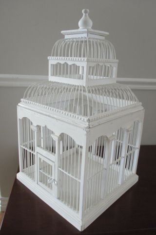 Vtg White Wood Bird Cage Architectural Wooden Victorian Dome Top House