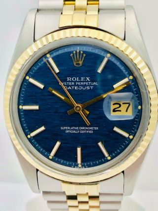 Estate Rolex Datejust Rare Blue Linen Dial Ss 14k Gold Mens 36mm 14k Classic