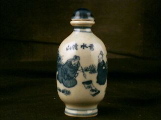 19thc Chinese Blue & White Porcelain 2men 山清水秀 Snuff Bottle V021