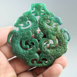 3  China Old Green Jade Chinese Hand - Carved Jade Double Dragon Pendant 2103