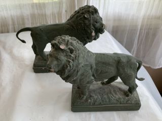 Pair Vintage Rampant Lion Terra Cotta Sculpture Statue Figurine