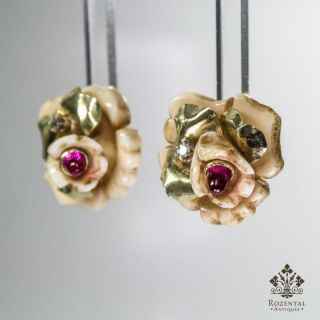 Antique Art Nouveau 18k Gold Diamond & Ruby Earrings