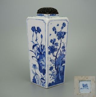 A Chinese Kangxi Blue And White Porcelain Square Vase And Wooden Cover