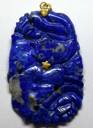 Chinese 14k Solid Gold And Natural Lapis Lazuli Hand Crafted Pendant