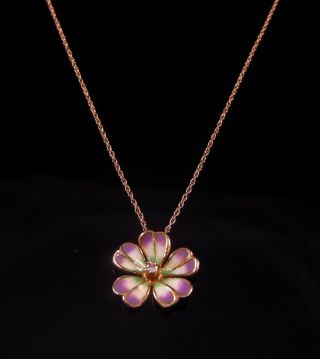 Antique 14k Gold Art Nouveau Enamel Diamond Violet Pansy Flower Pendant Necklace