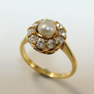 Victorian / Edwardian 18ct Gold Diamond & Pearl Cluster Ring
