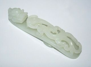 19c Chinese Well Carved Large Green Nephrite Jade Dragon Belt Hook (sup)