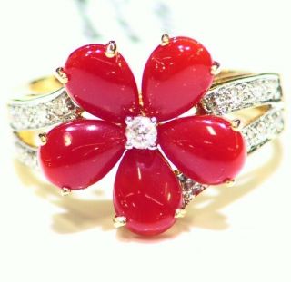 Vintage 14k Solid Gold Natural Coral Diamond Flower Engagement Ring Designer