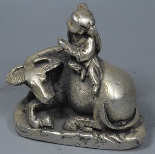 Tibet Collectable Handwork Old Miao Silver Carve Child Ride Bull Exorcism Statue 4