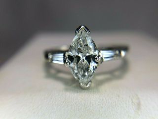 Vintage 14k White Gold Marquise Baguette Diamond Engagement Ring 1.  00