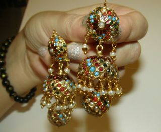 Exceptional,  Long,  Vintage Or Modern 18 Ct Gold Plate Indian Earrings/multigems