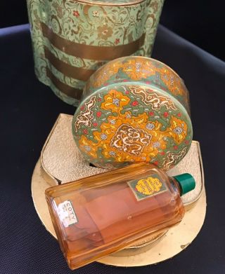 Rare 1920s Signed Coty Emeraude Crystal Perfume Bottle Powder Set W/ Display Box