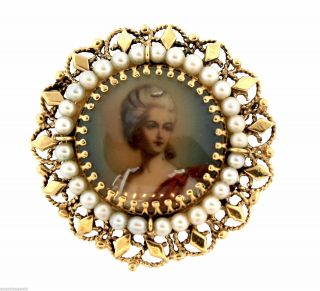 Antique Georgian Portrait In Solid 14k Gold & Pearl Cameo Setting Brooch Pendant
