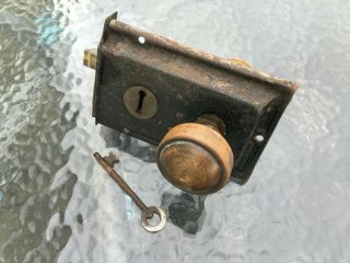 Vintage Retro Metal Rim Door Lock With Key And Wooden Handles Pwo