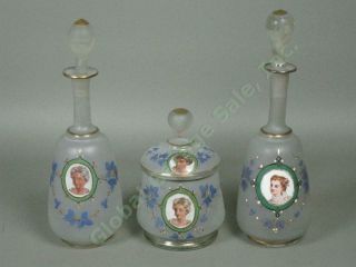 Antique Frosted Glass Perfume Bottles Jar Vanity Set Hand Painted Portraits Nr