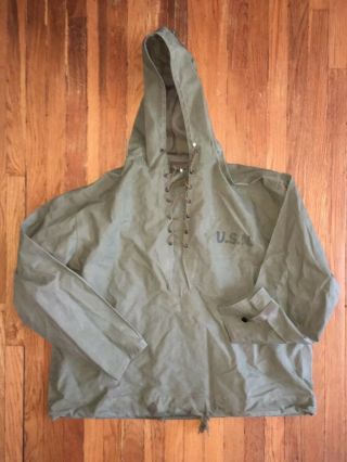 Wwii Usn Us Navy Pull Over Deck Jacket Hooded Waterproof Foul Weather Smock M