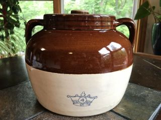 Vintage Antique Glazed Stoneware Bean Pot Jug Crock W Handles & Lid Blue Crown 4