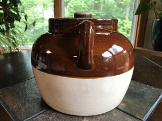 VINTAGE ANTIQUE GLAZED STONEWARE BEAN POT JUG CROCK w Handles & Lid Blue Crown 4 6