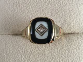 Vintage Jewellery Gold Signet Ring Mine Cut Diamond Onyx Mop Antique Jewelry