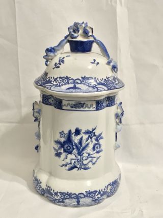 Vintage Blue & White Porcelain Large Lidded Jar - Butterfly/rose Patern - 11” Tall