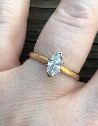 Vintage Solid 14k Gold 1/2 Carat Marquise Diamond Solitaire Engagement Ring 7.  5