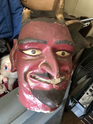 Antique Vtg Devil Paper - Mache Halloween Carnival Witch Parade Head Mask Pre 30’s
